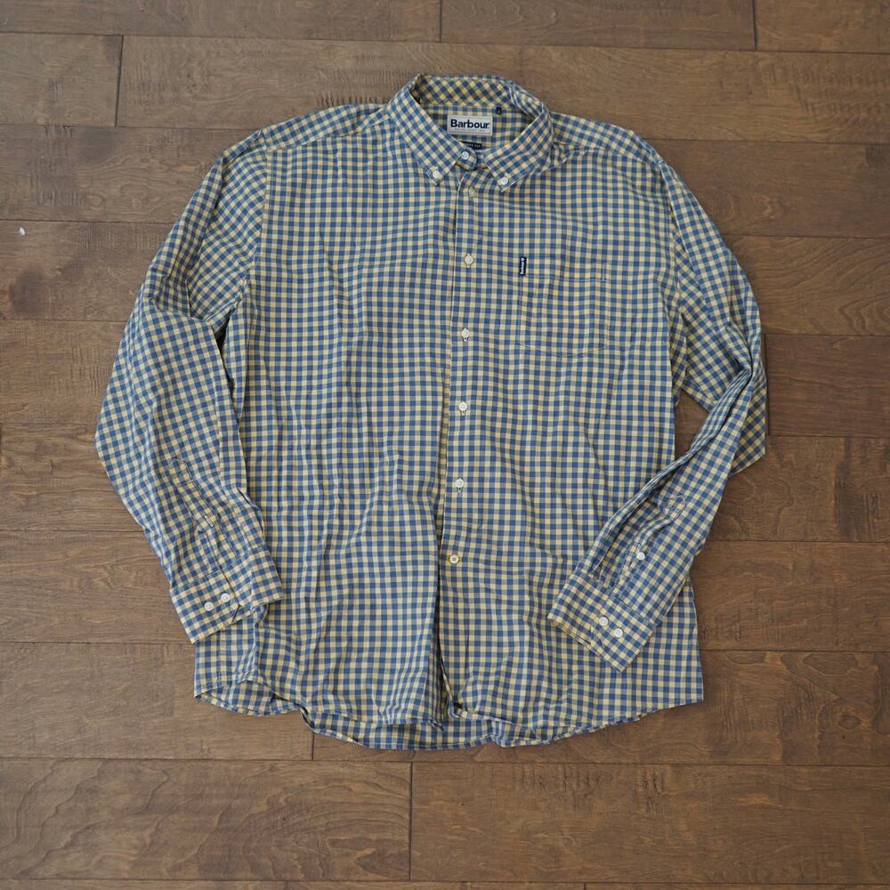 Barbour 100% Cotton Button Up Tailored fit Yellow and Blue Mens XL